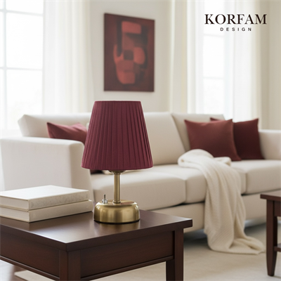Bordo Keten Kumaş Pilli Masa & Gece Lambası
