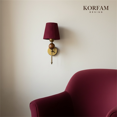 Bordo Keten Şerit Kumaş Başlık Ahşap Top Detaylı Kablosuz Pilli Aplik