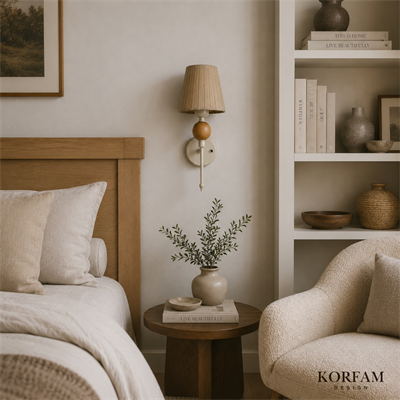 Kablosuz Pilli Aplik Bej Keten Şerit Kumaş Başlık Ahşap Top Detaylı Aplik