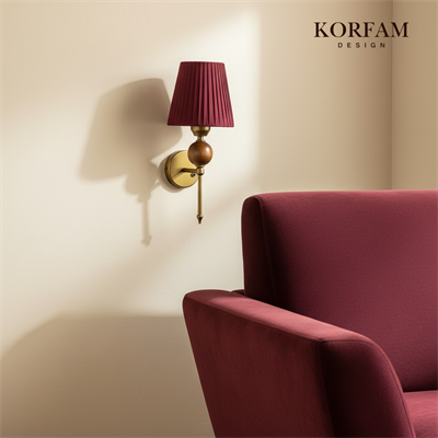 Bordo Keten Şerit Kumaş Başlık Ahşap Top Detaylı Kablosuz Pilli Aplik