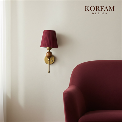 Bordo Keten Şerit Kumaş Başlık Ahşap Top Detaylı Kablosuz Pilli Aplik