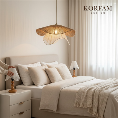 BREEZE Modeli Kahverengi & Beyaz Avize & Abajur Set - Hasır El Yapımı Bohem Avize 2li Ahşap Ayaklı Rustik Abajur Set