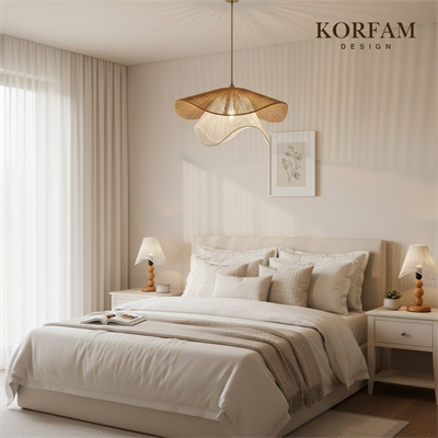 BREEZE Modeli Kahverengi & Beyaz Avize & Abajur Set - Hasır El Yapımı Bohem Avize 2li Ahşap Ayaklı Rustik Abajur Set