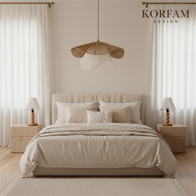 BREEZE Modeli Kahverengi & Beyaz Avize & Abajur Set - Hasır El Yapımı Bohem Avize 2li Ahşap Ayaklı Rustik Abajur Set