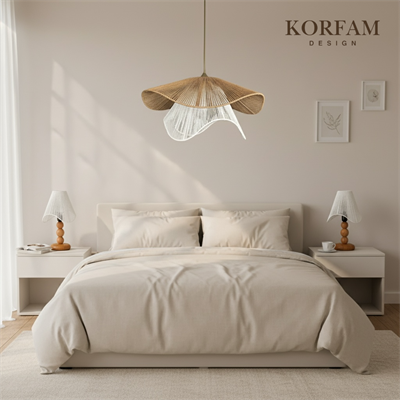 BREEZE Modeli Kahverengi & Beyaz Avize & Abajur Set - Hasır El Yapımı Bohem Avize 2li Ahşap Ayaklı Rustik Abajur Set