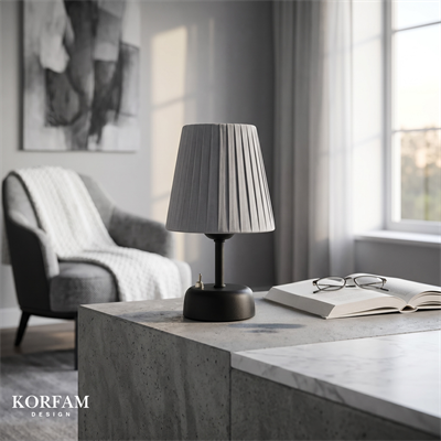 Gri Keten Kumaş Pilli Masa & Gece Lambası