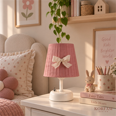 Gül Kurusu Pembe Keten Kumaş Kız Çocuk Odası Pilli Masa & Gece Lambası