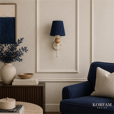Kablosuz Pilli Aplik Lacivert  Keten Şerit Kumaş Başlık Ahşap Top Detaylı Aplik