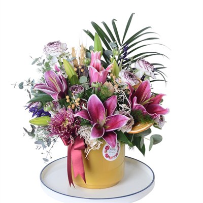 Pink Lilies and Eren Roses in Gold Pots