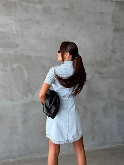 Kadın Kısa Kollu Kuşaklı Gömlek Yaka Spor Şık Mini Denim Elbise