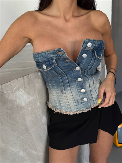 HerTon Kadın %100 Pamuk Denim Büstiyer – Straplez Düğmeli Modern Crop Top