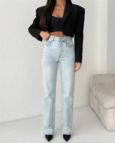 HerTon Kadın Açık Mavi Yüksek Bel %100 Pamuk Jean Pantolon - Düz Kesim Straight Denim