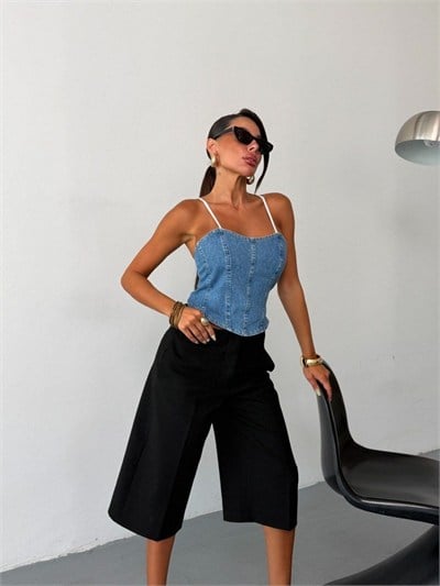 Kadın İnce Askılı Arkası Fermuarlı Denim Korse Büstiyer Crop Top