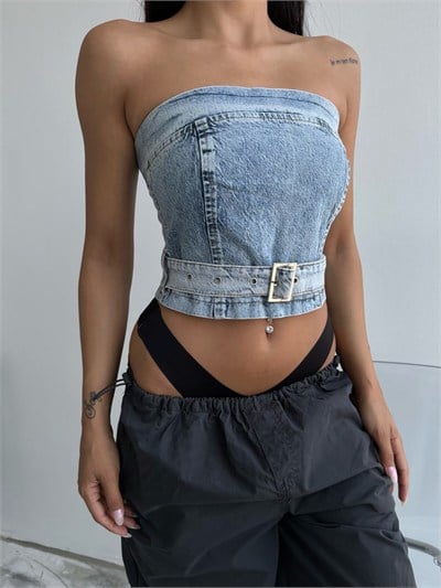 Kadın Kemerli Jean Bustiyer - Arkadan Fermuarlı Denim Korse Top