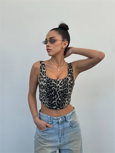 Kadın Leopar Desenli %100 Pamuk Büstiyer – Kolsuz Crop Top, Esnemez, Modern Kesim
