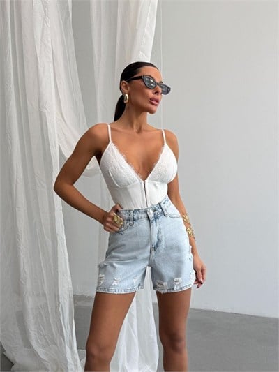 Yüksek Bel %100 Pamuklu Eskitme Detaylı Denim Şort - Premium Jean Shorts