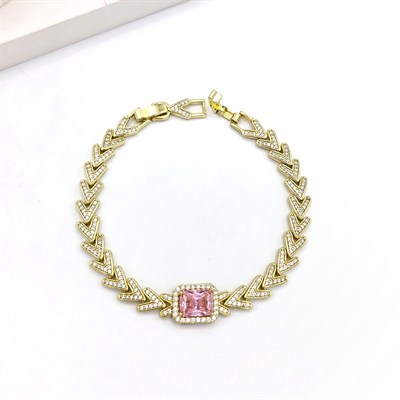 Xuping Ortası Pembe Baget Taşlı V Model Gold Bileklik