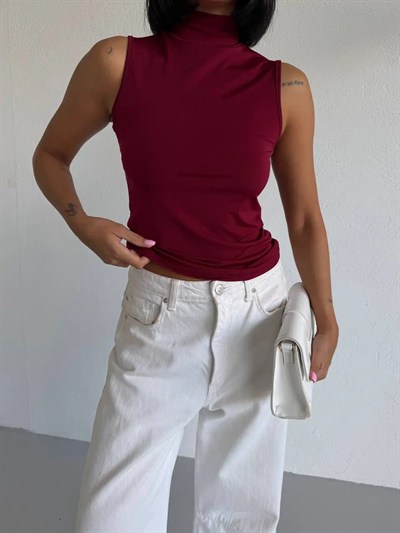 Kadın Bordo Balıkçı Yaka Sıfır Kol Sandy Crop Bluz HZL26S-FRY123931