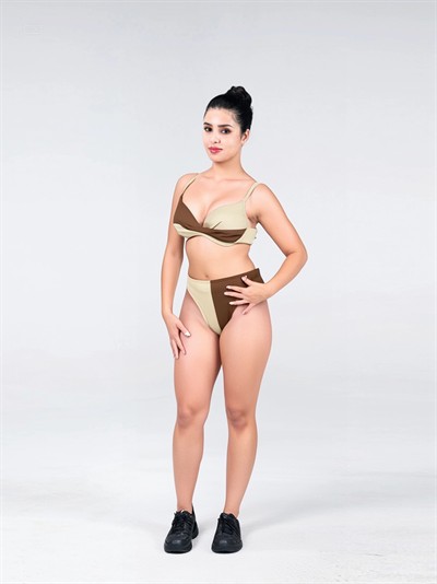Kadın Kahverengi Krem Renk Bloklu Astarlı Bikini Takımı HZL25S-LC214
