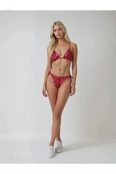 Kadın Kırmızı Yılan Derisi Desen Boyundan İp Bağlamalı Üçgen Bikini Takımı HZL25S-LC5005