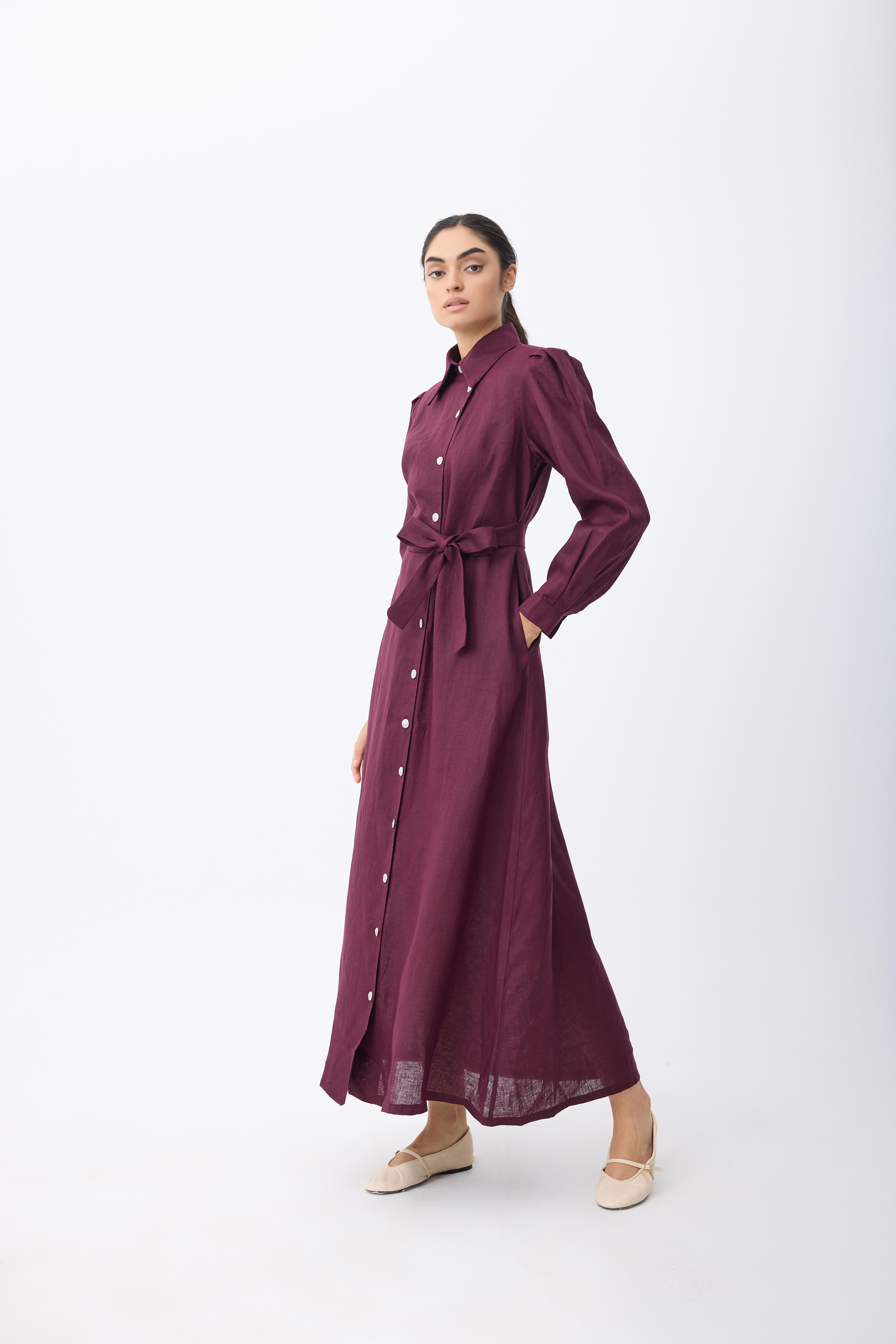 Alora Bordo Keten Elbise 