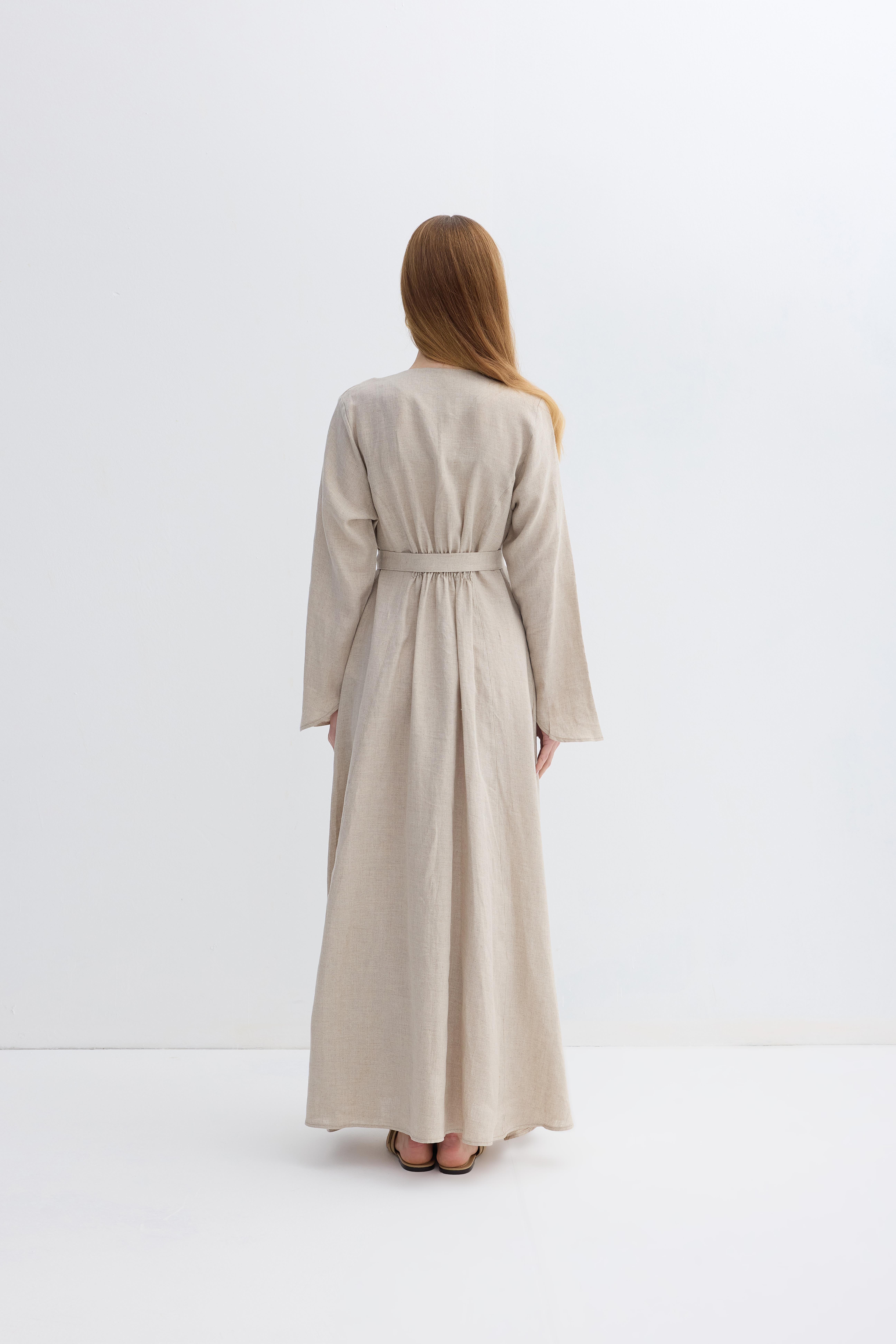 Natural Linen Düğmeli Elbise Vizon · 3