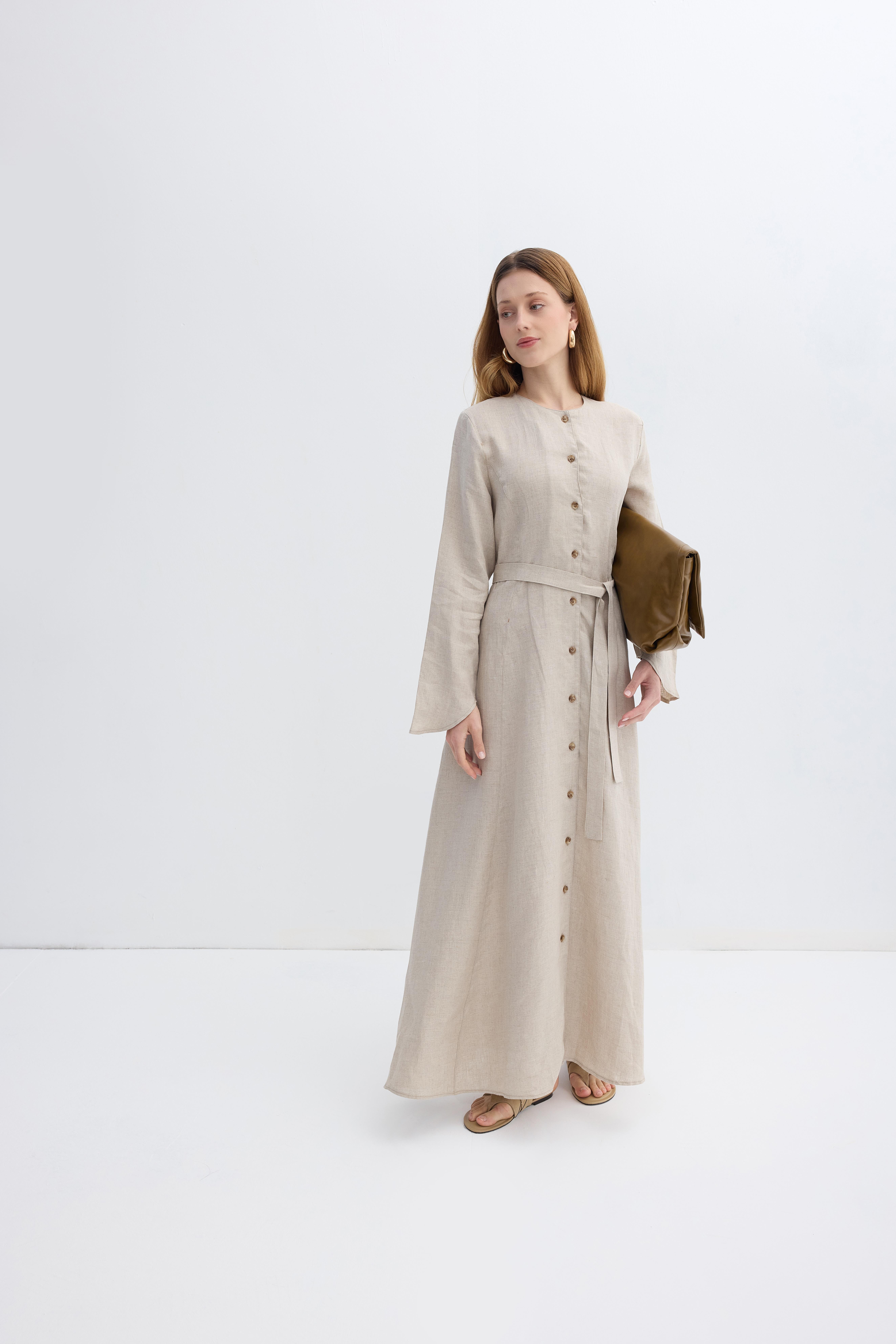 Natural Linen Düğmeli Elbise