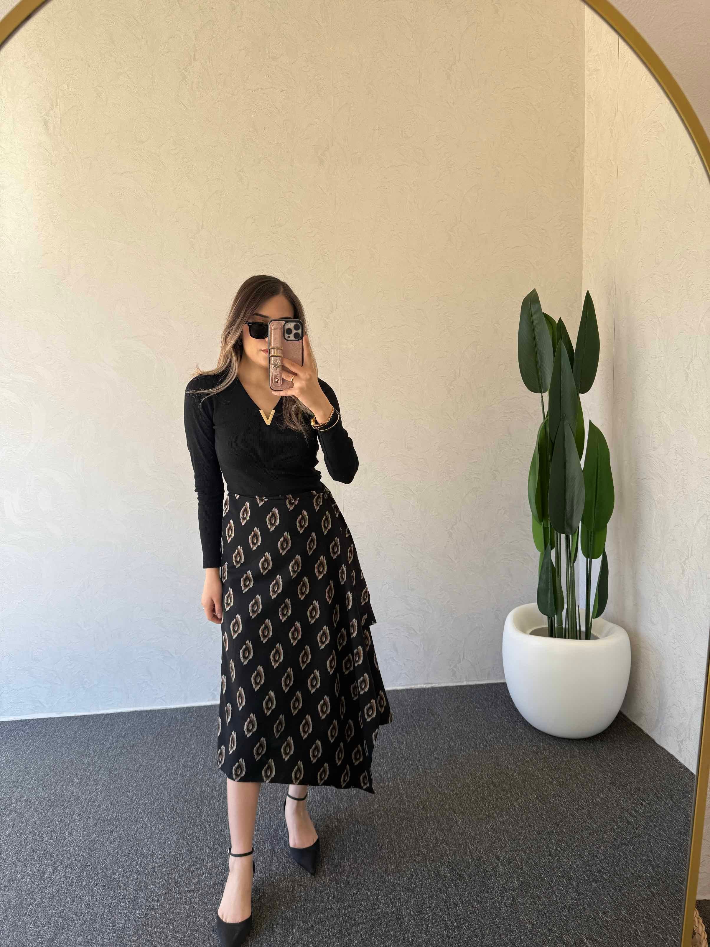 Alina Düğmeli Midi Etek Siyah - 1105
