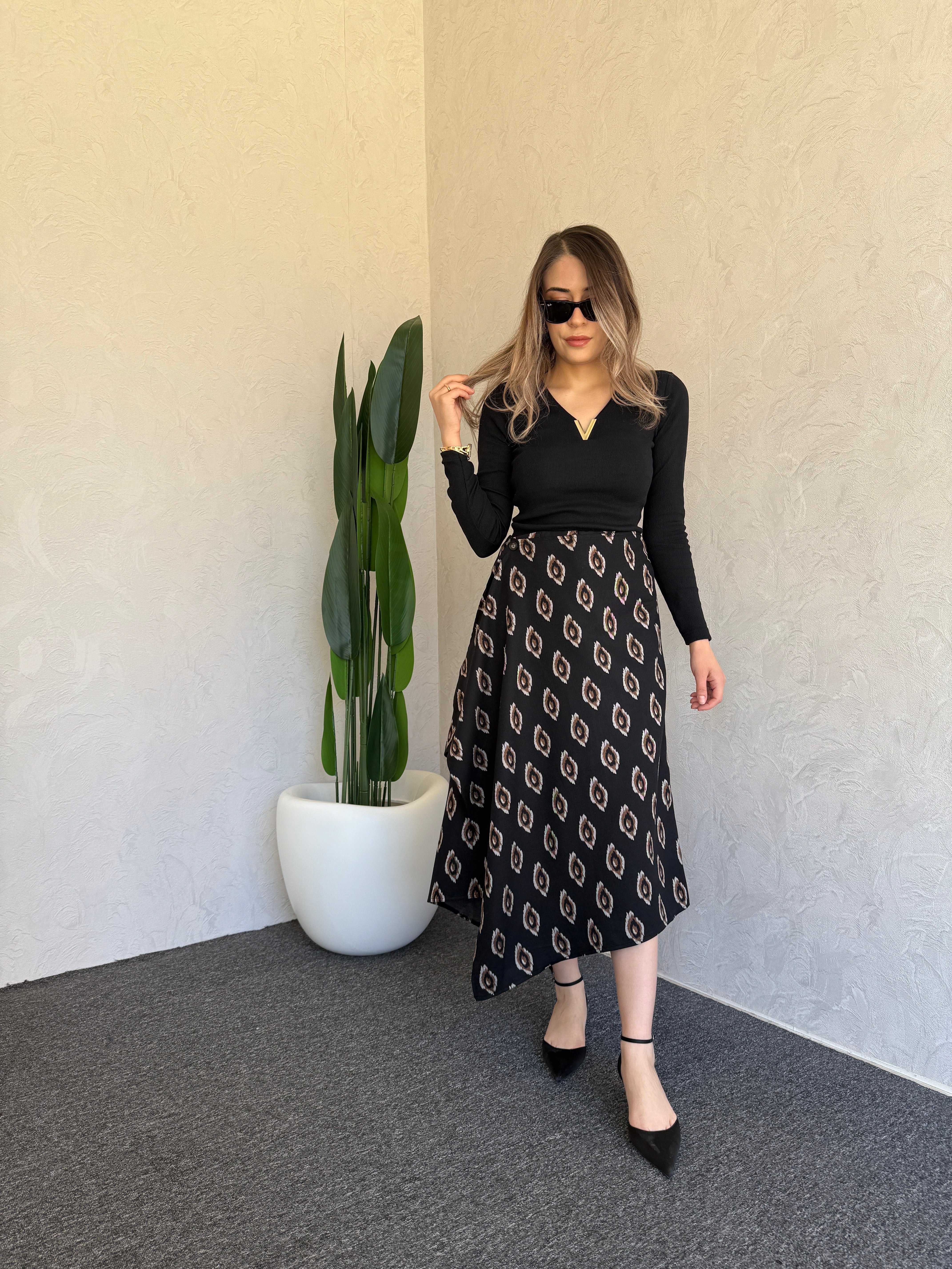 Alina Düğmeli Midi Etek Siyah - 1105