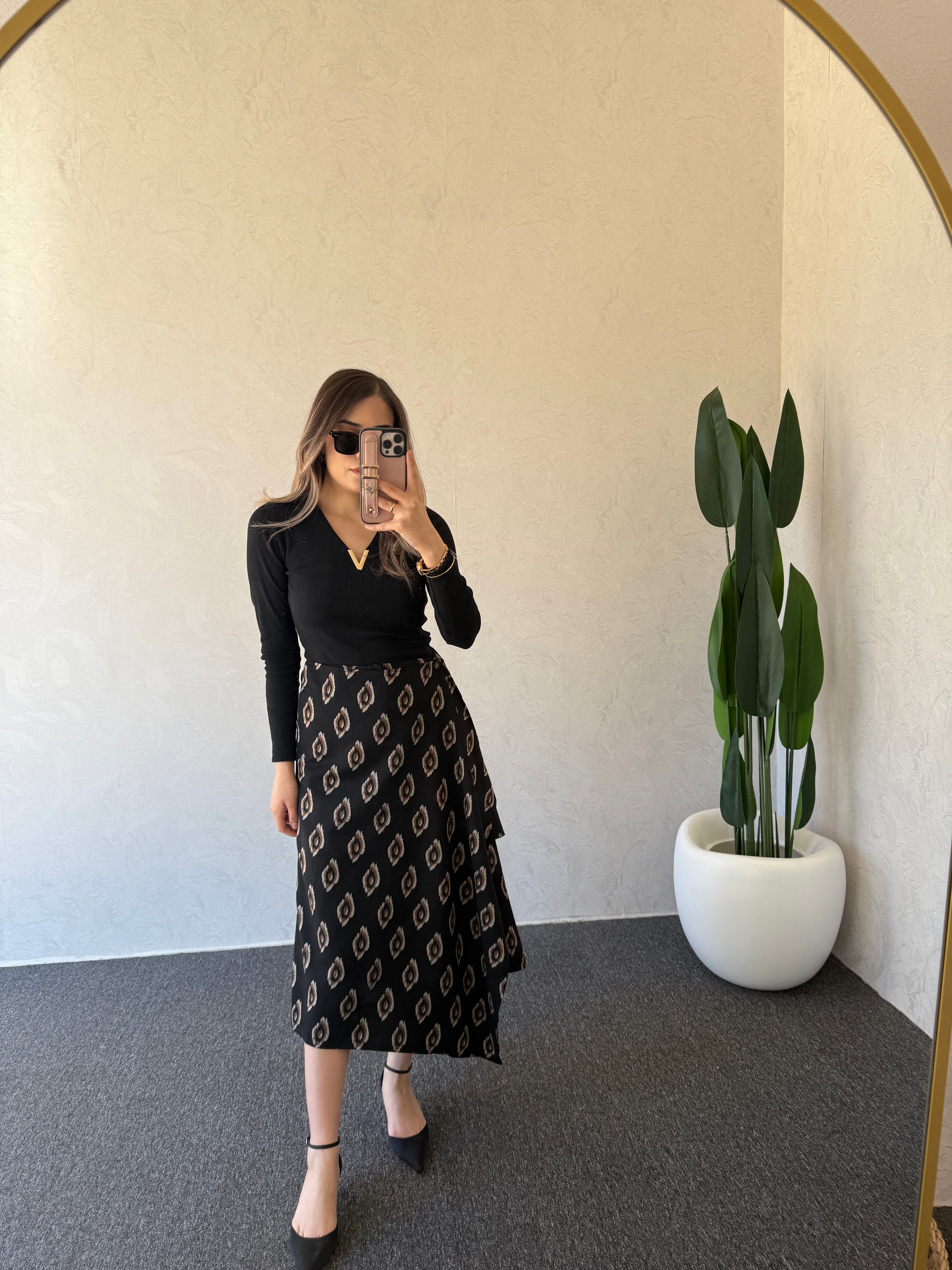 Alina Düğmeli Midi Etek Siyah - 1105