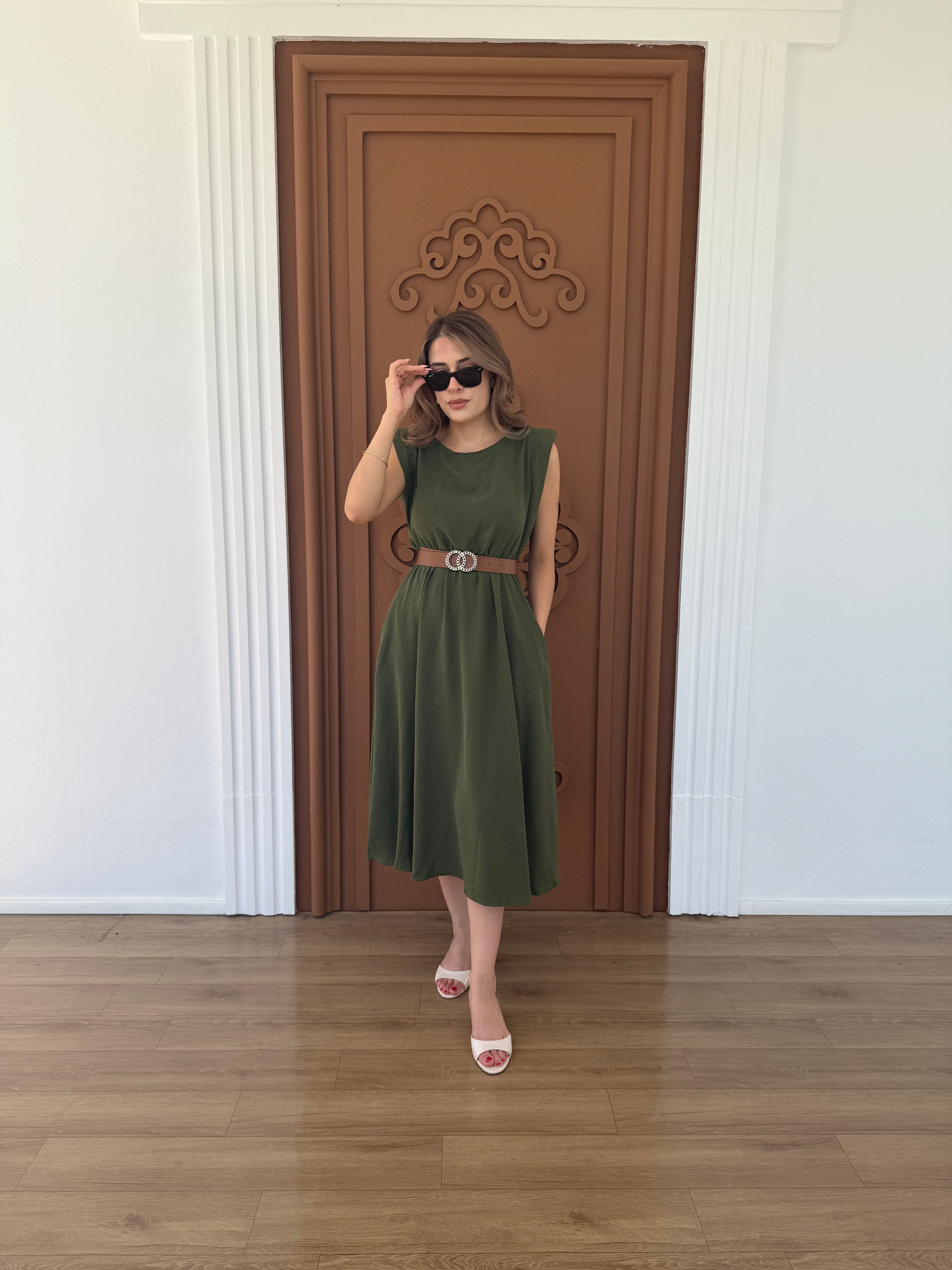 Ayrobin Kemerli Elbise Haki - 1047