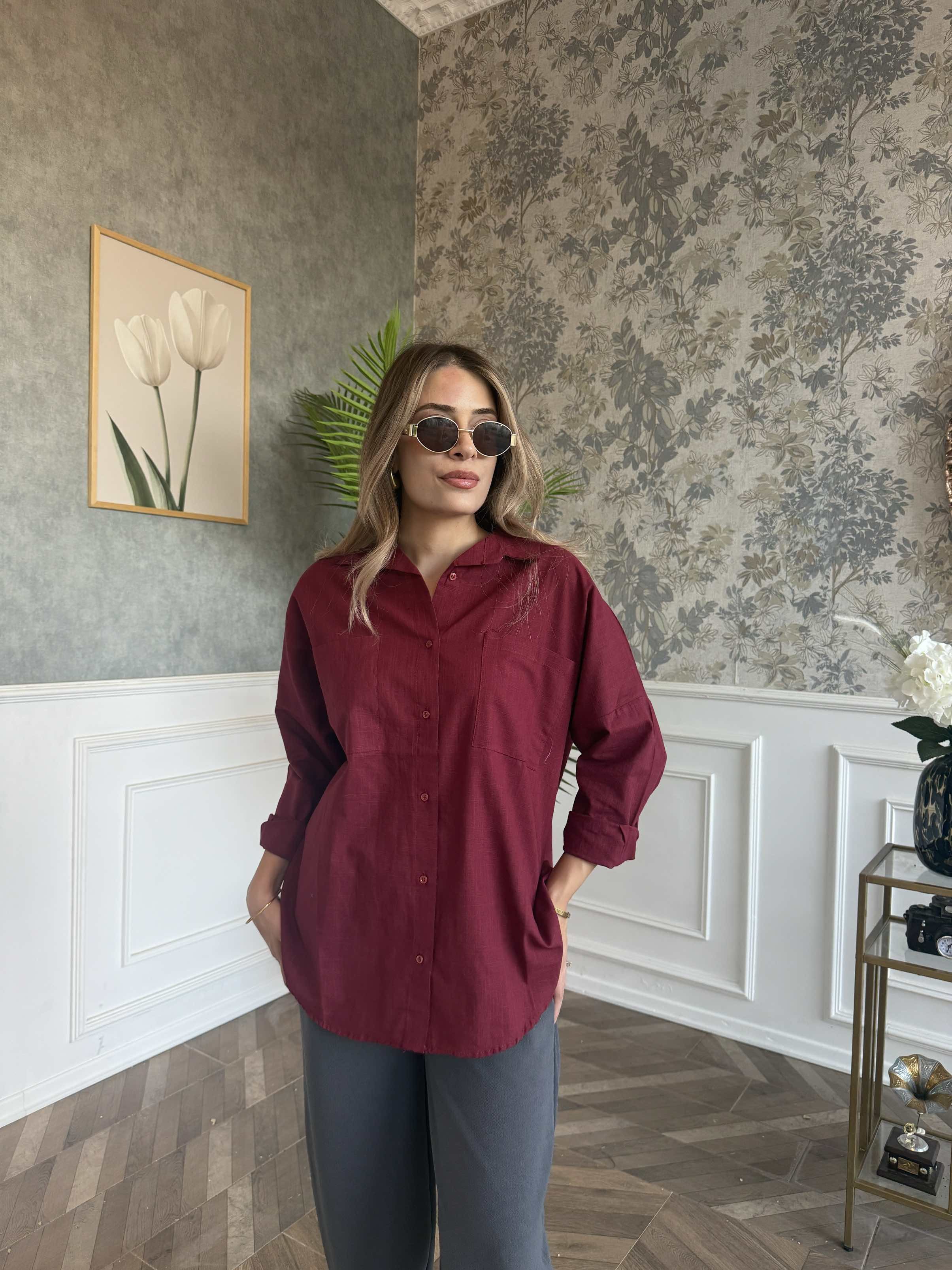 Çift Cepli Keten Gömlek Bordo - 1134 