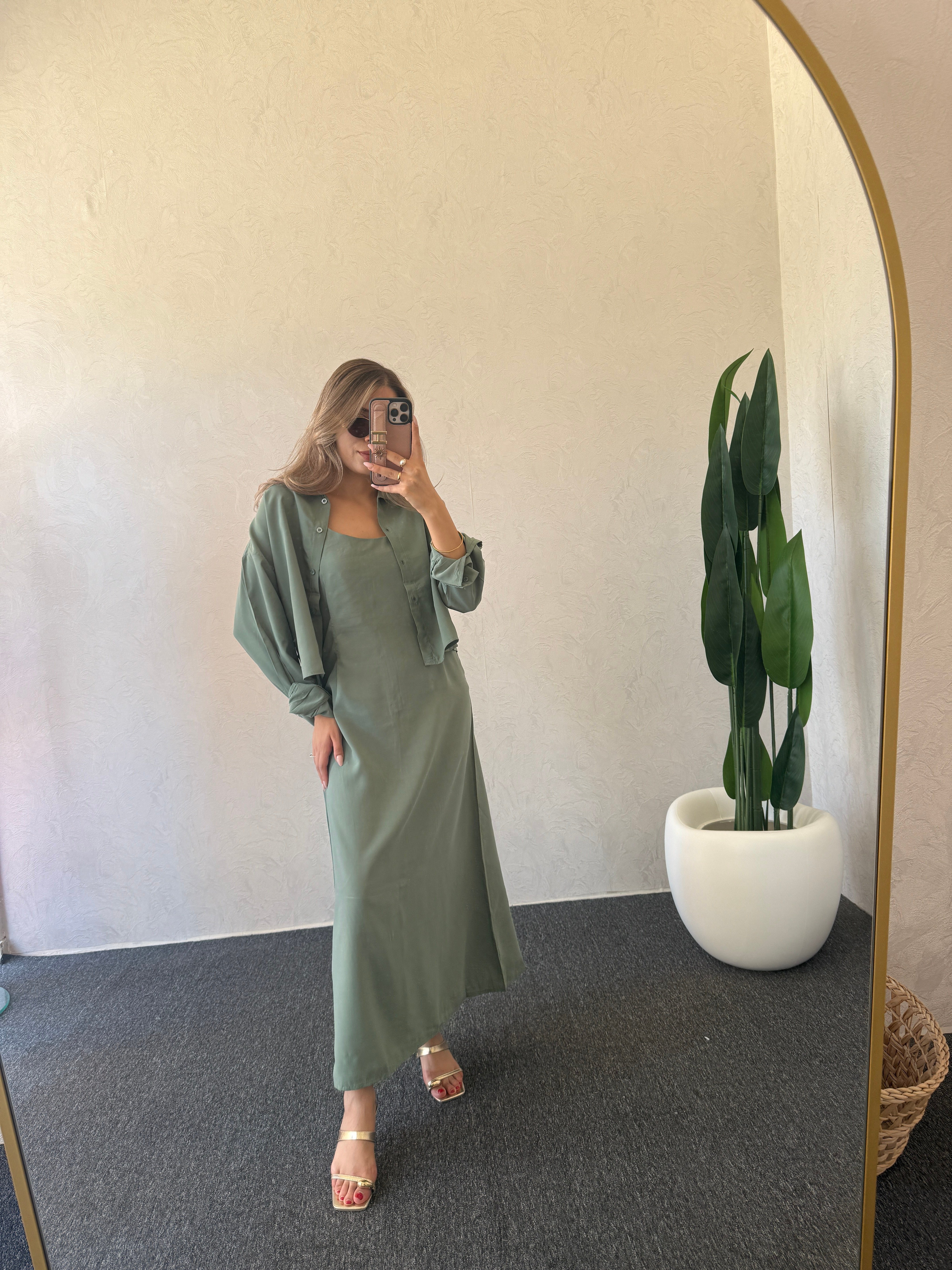 Gömlekli İp Askı Tensel Elbise Mint Yeşili - 1054 