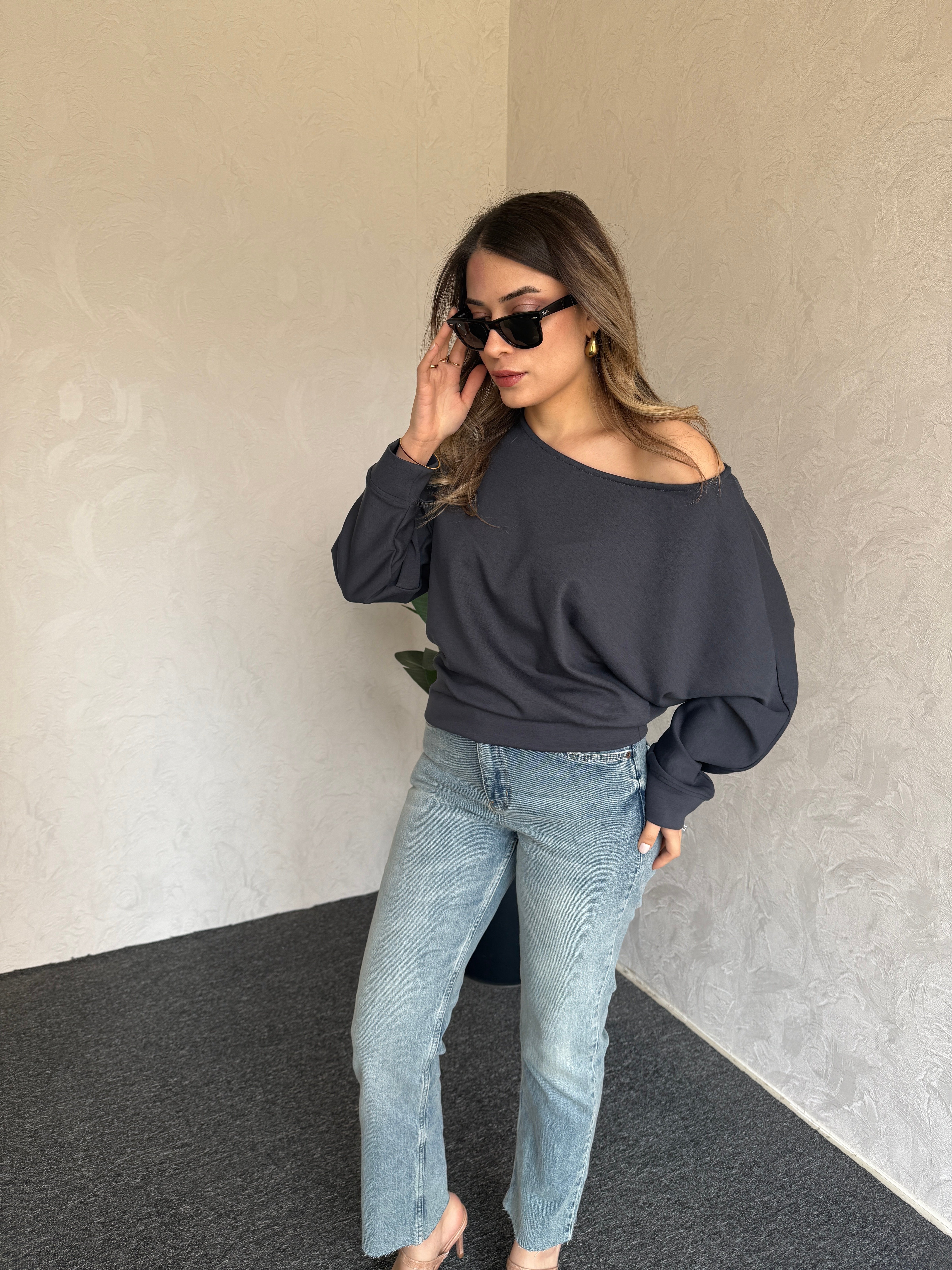 Kayık Yaka Modal Bluz Antrasit - 1095