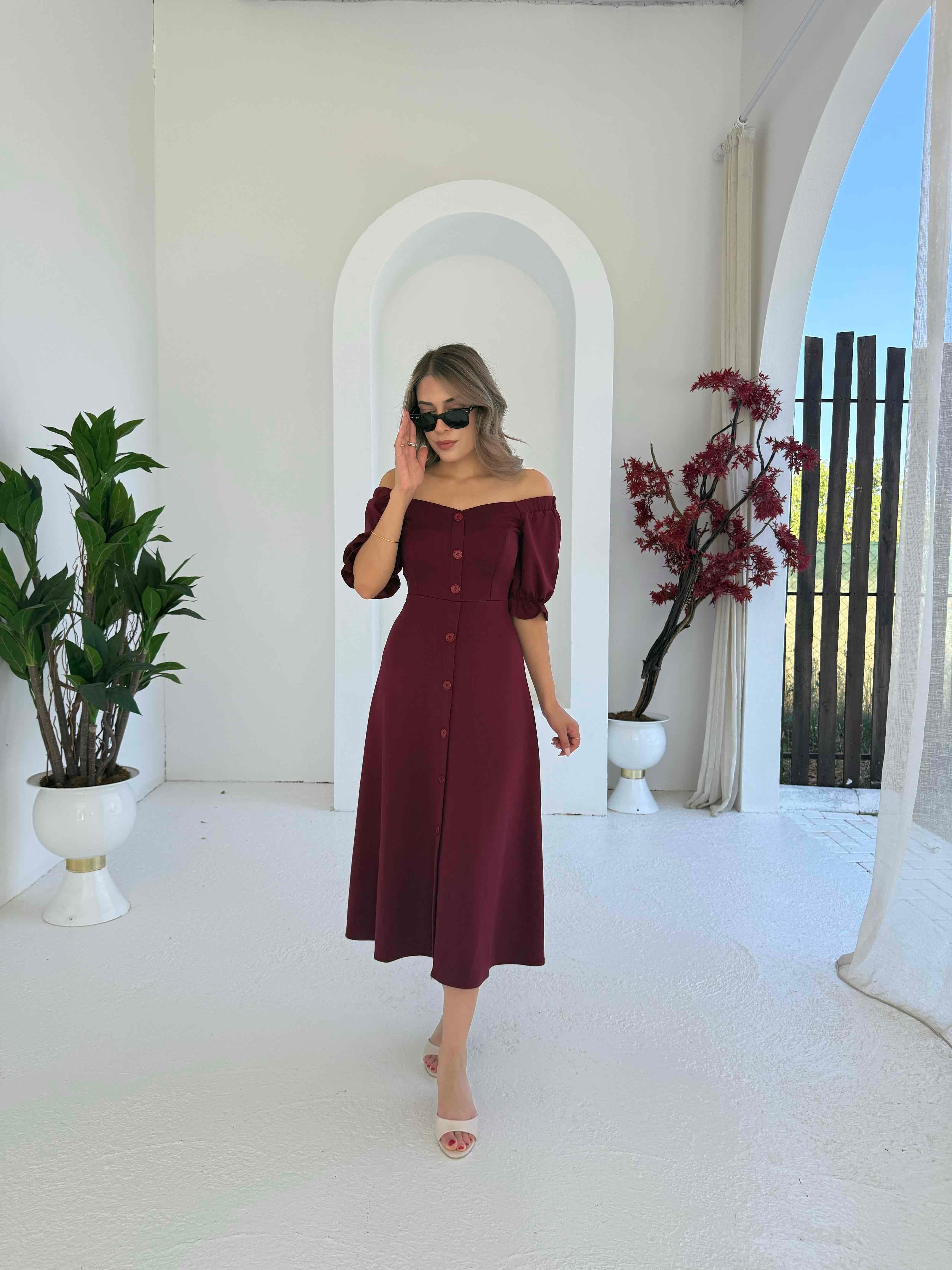 Kayık Yaka Modal Elbise Bordo - 1118
