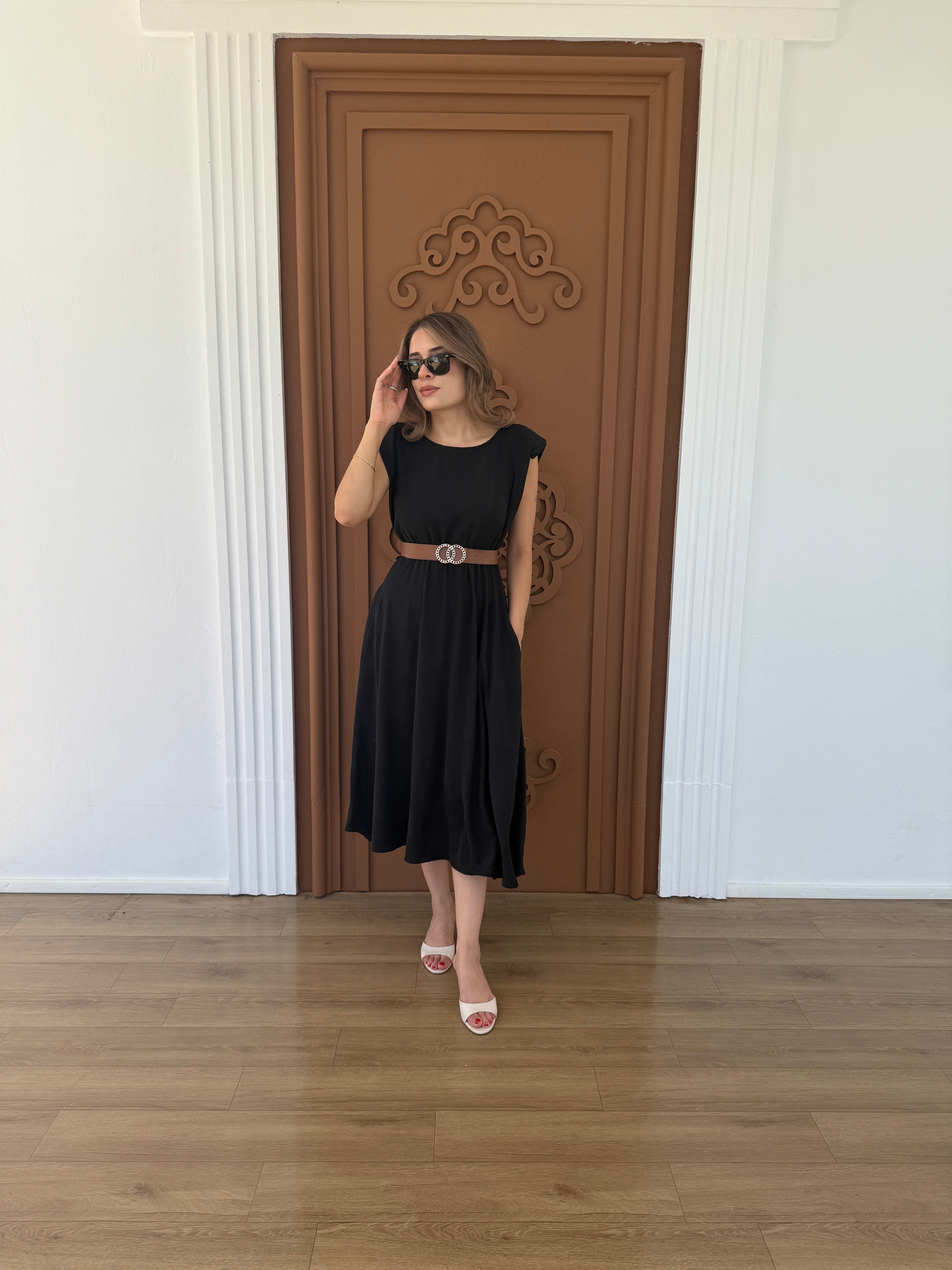 Kemerli Ayrobin Elbise Siyah - 1047