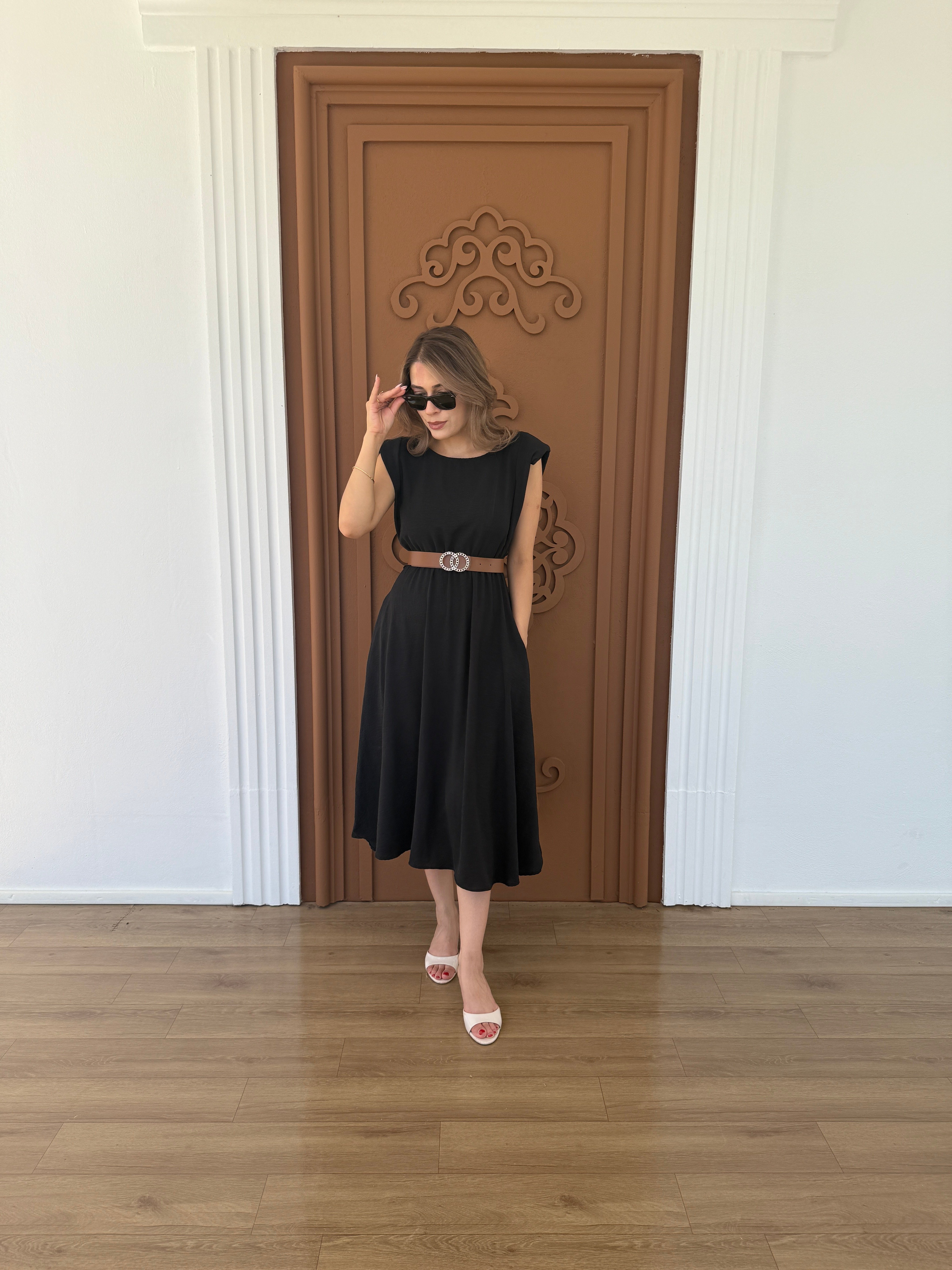 Kemerli Ayrobin Elbise Siyah - 1047
