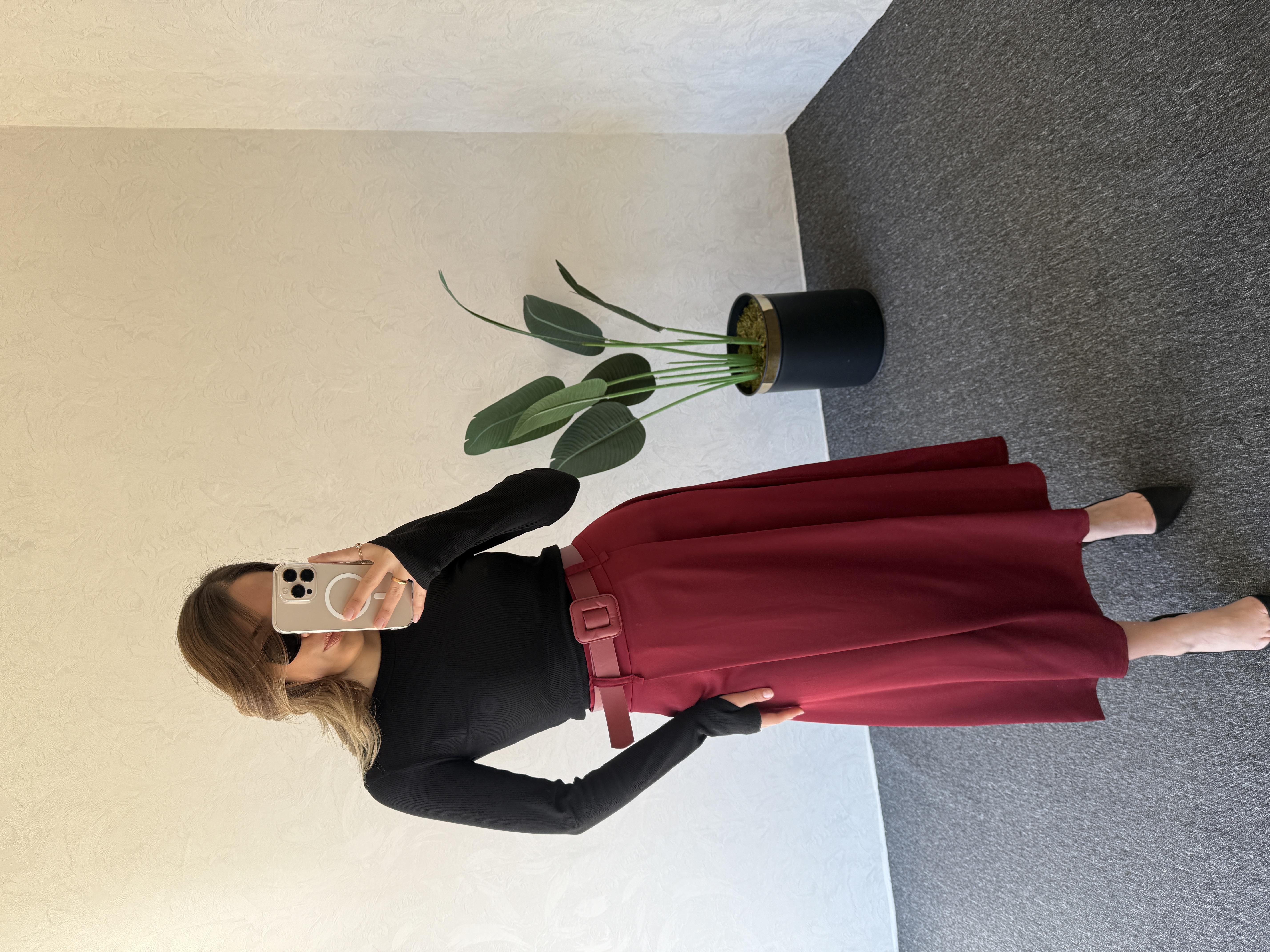 Kemerli Midi Etek Bordo - 1021