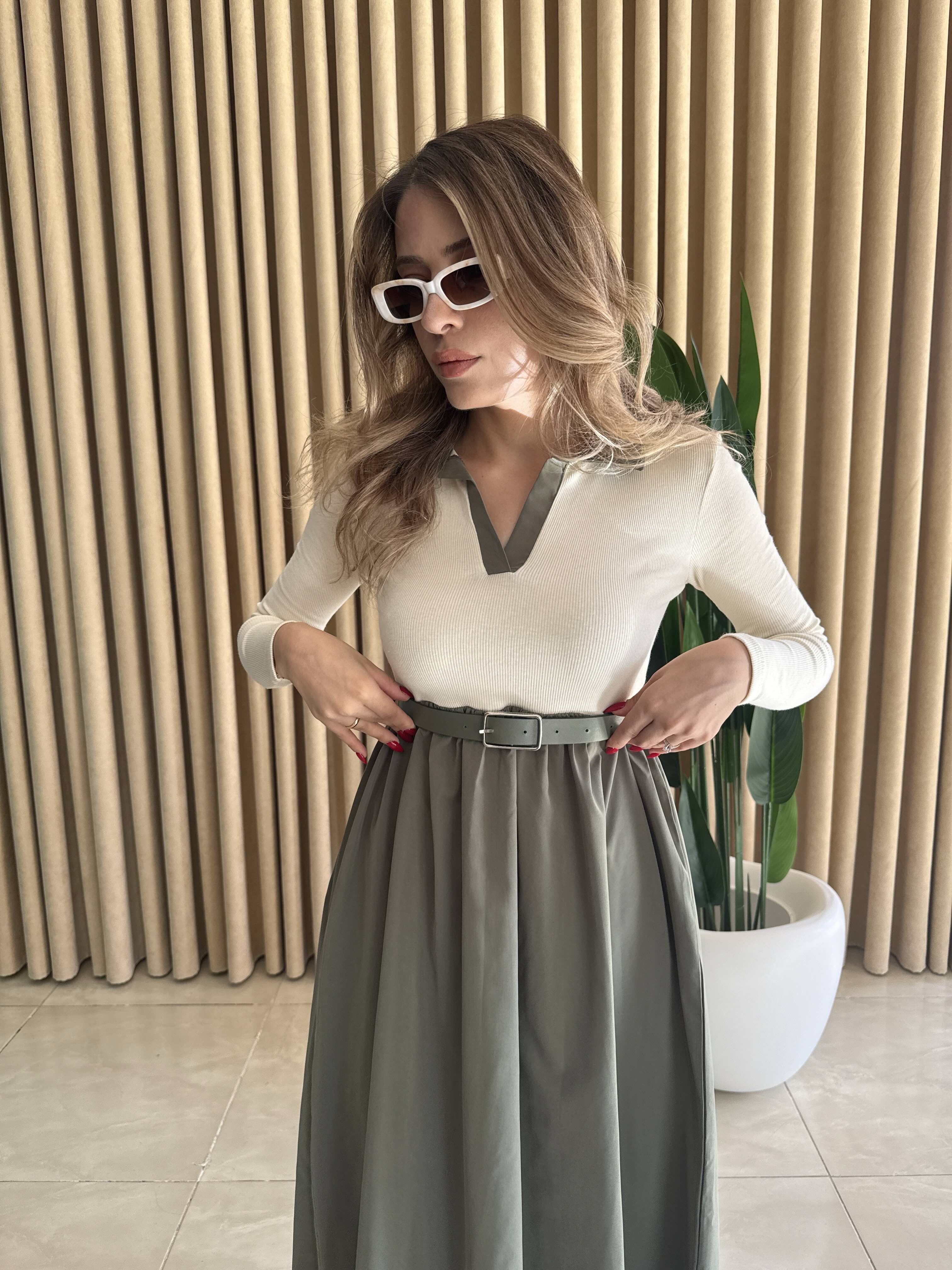 Kemerli Polo Yaka Elbise Mint Yeşili - 1137