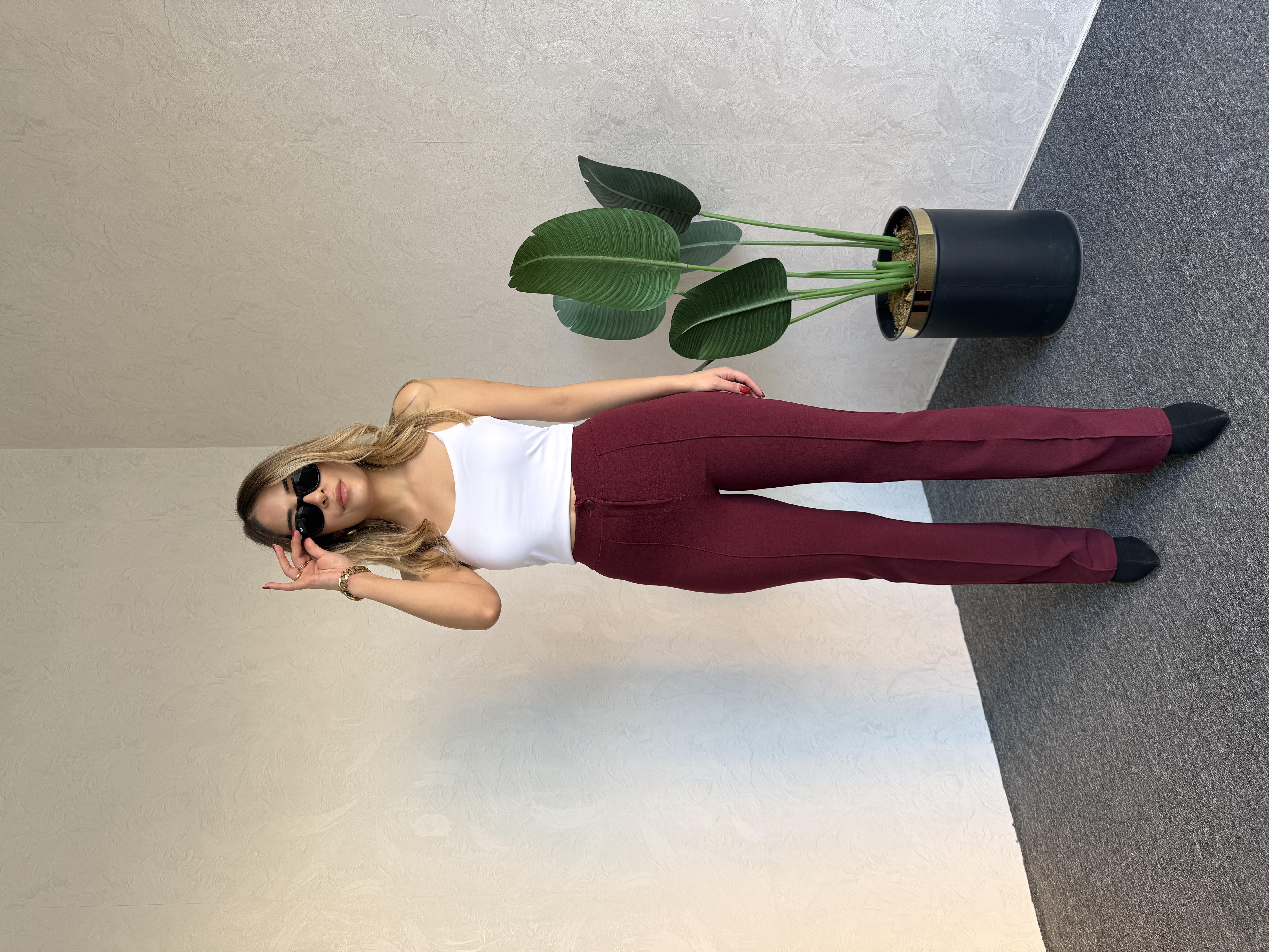 Krep Palazzo Pantolon Bordo - 1071