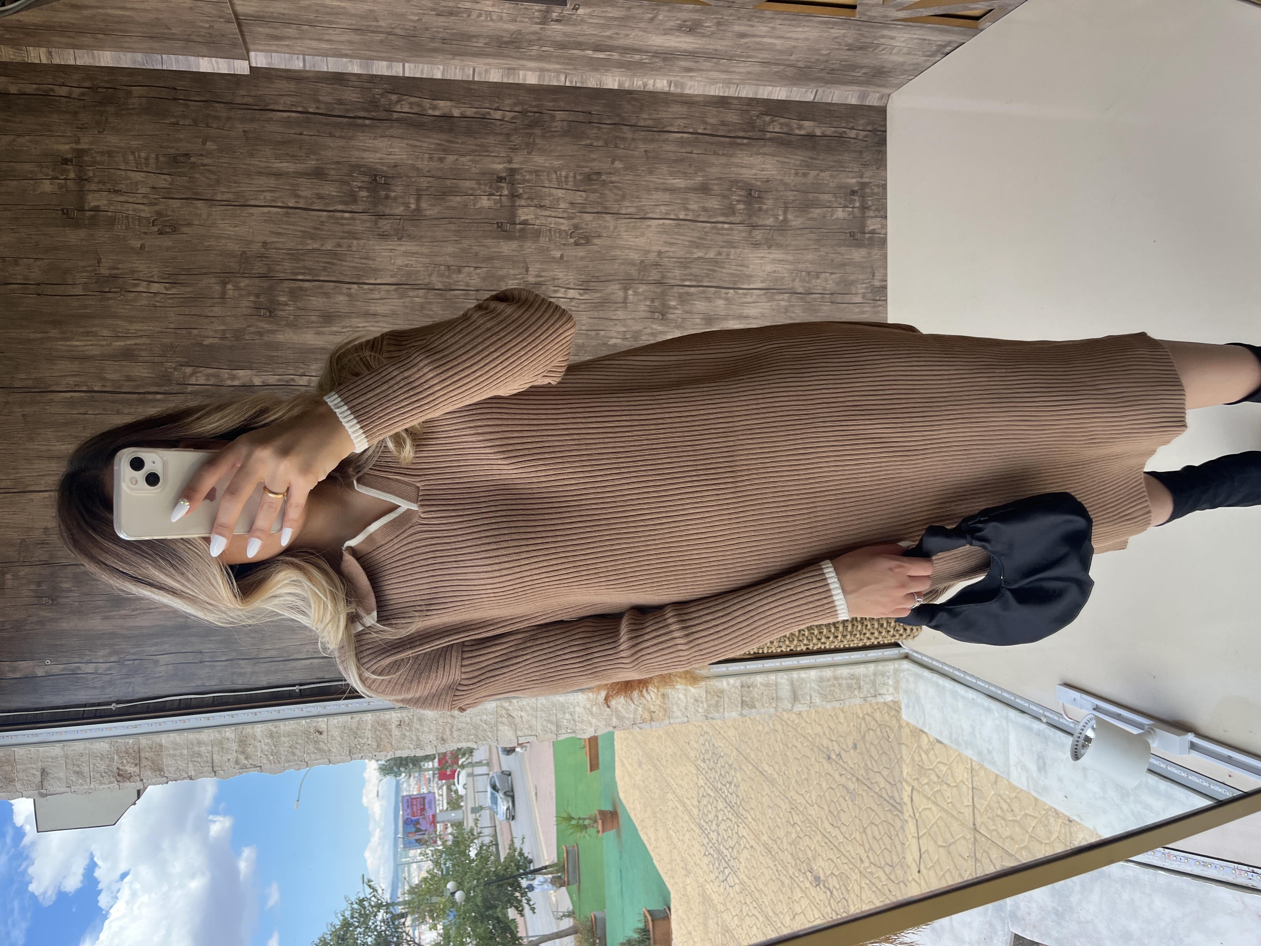 Polo Yaka Midi Triko Elbise Camel - 1064