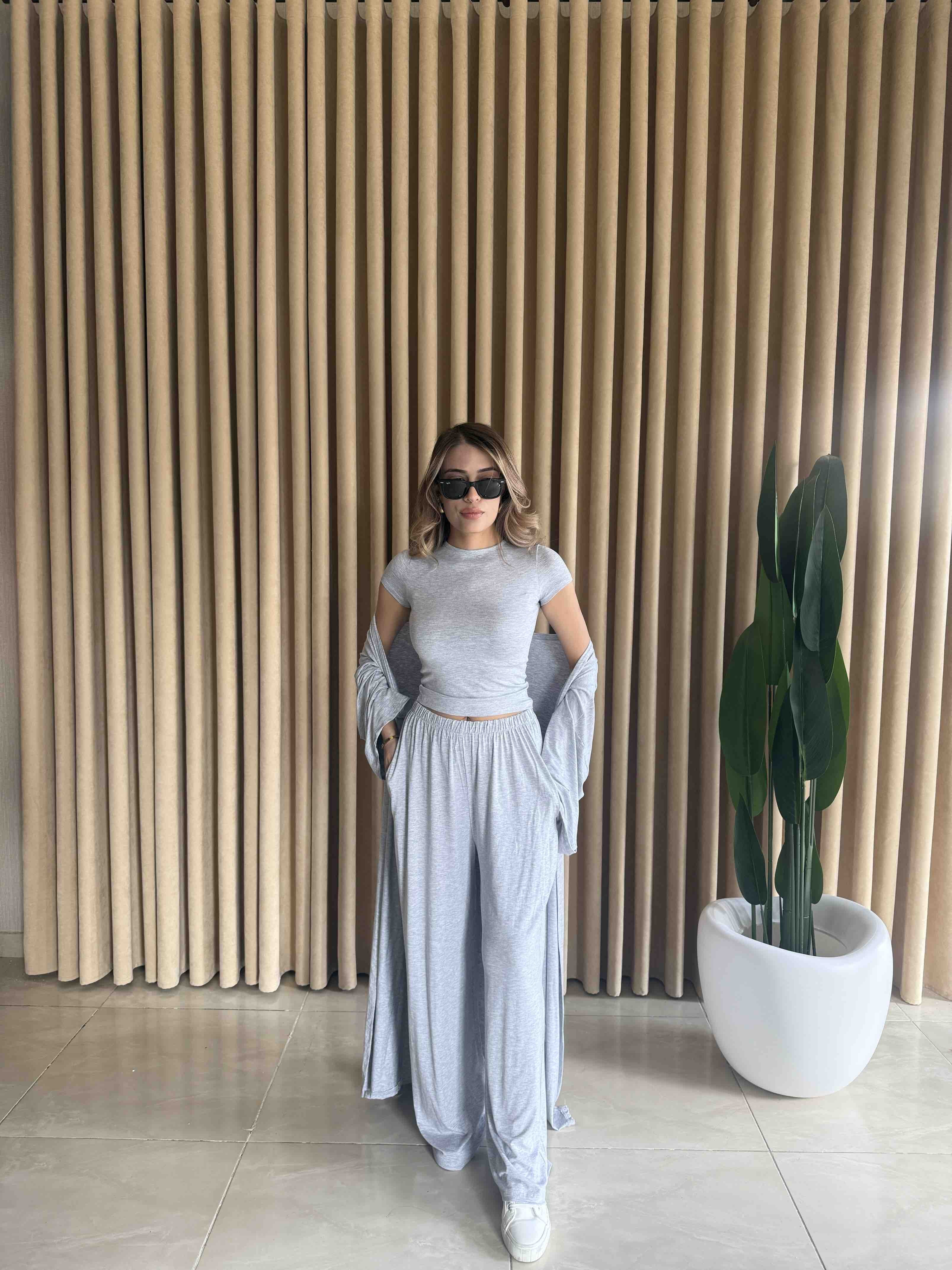 Üçlü Kimono Takım Gri - 1135