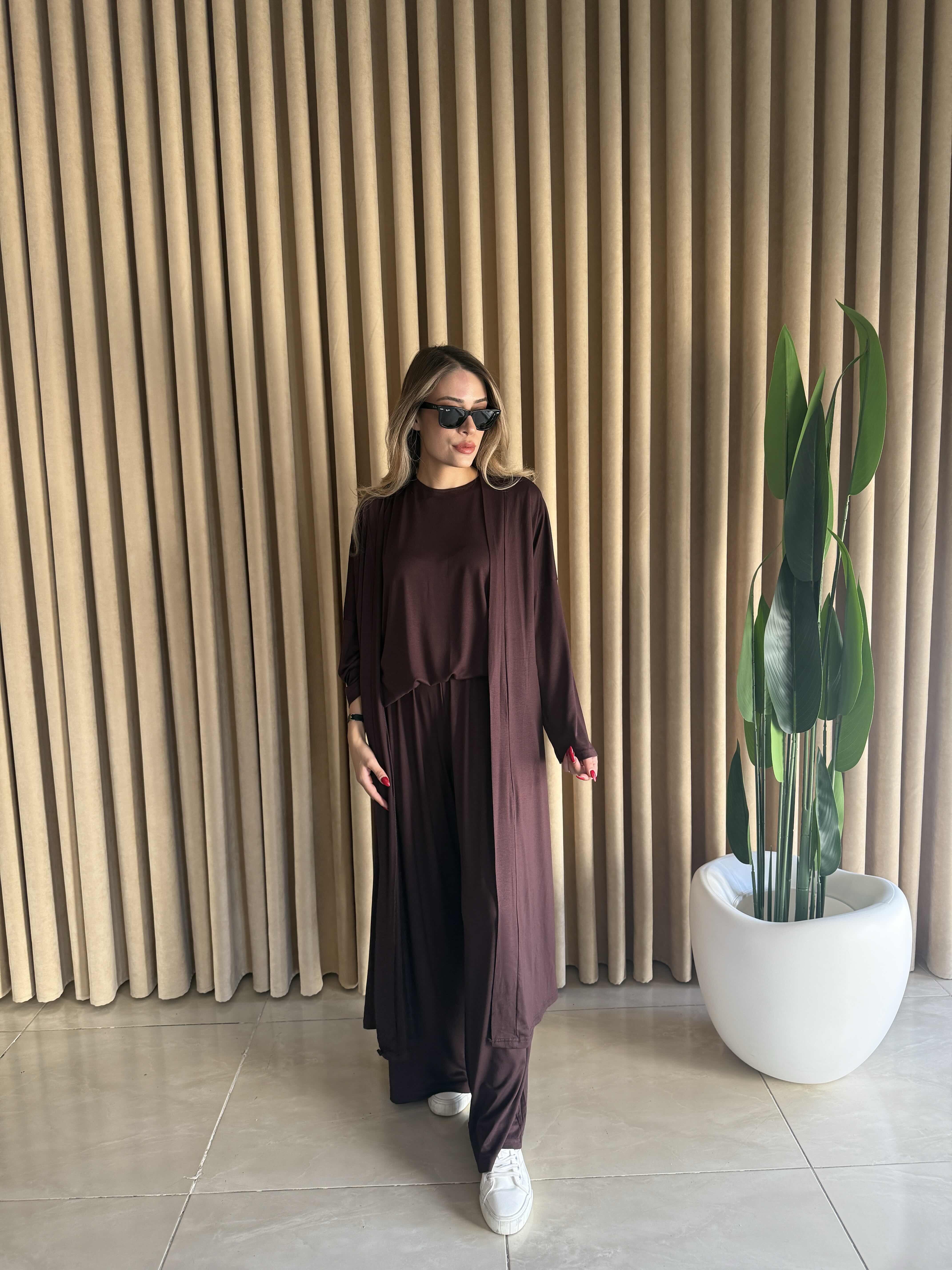Üçlü Uzun Kimono Takım Kahverengi - 1138