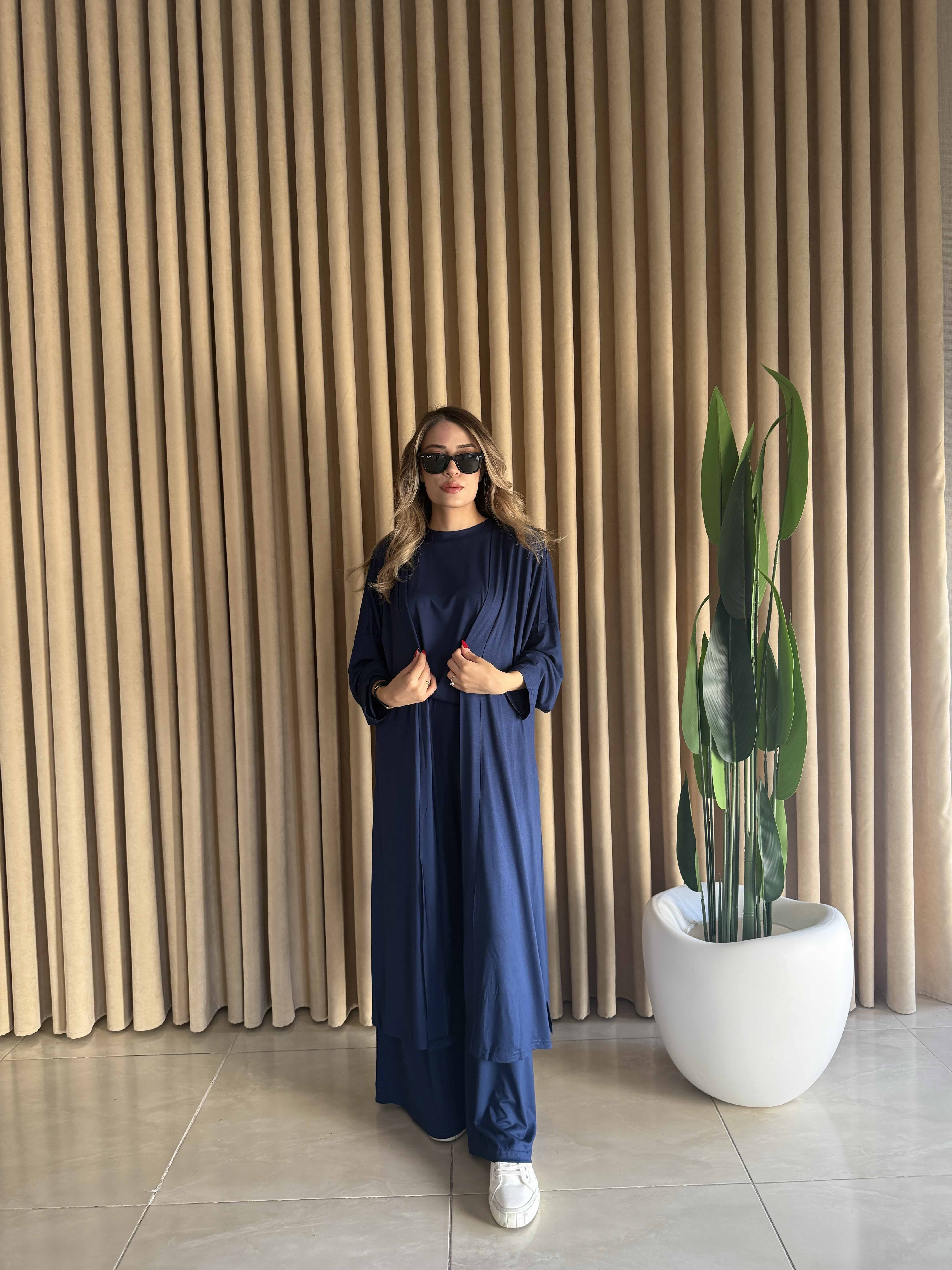 Üçlü Uzun Kimono Takım Lacivert - 1138