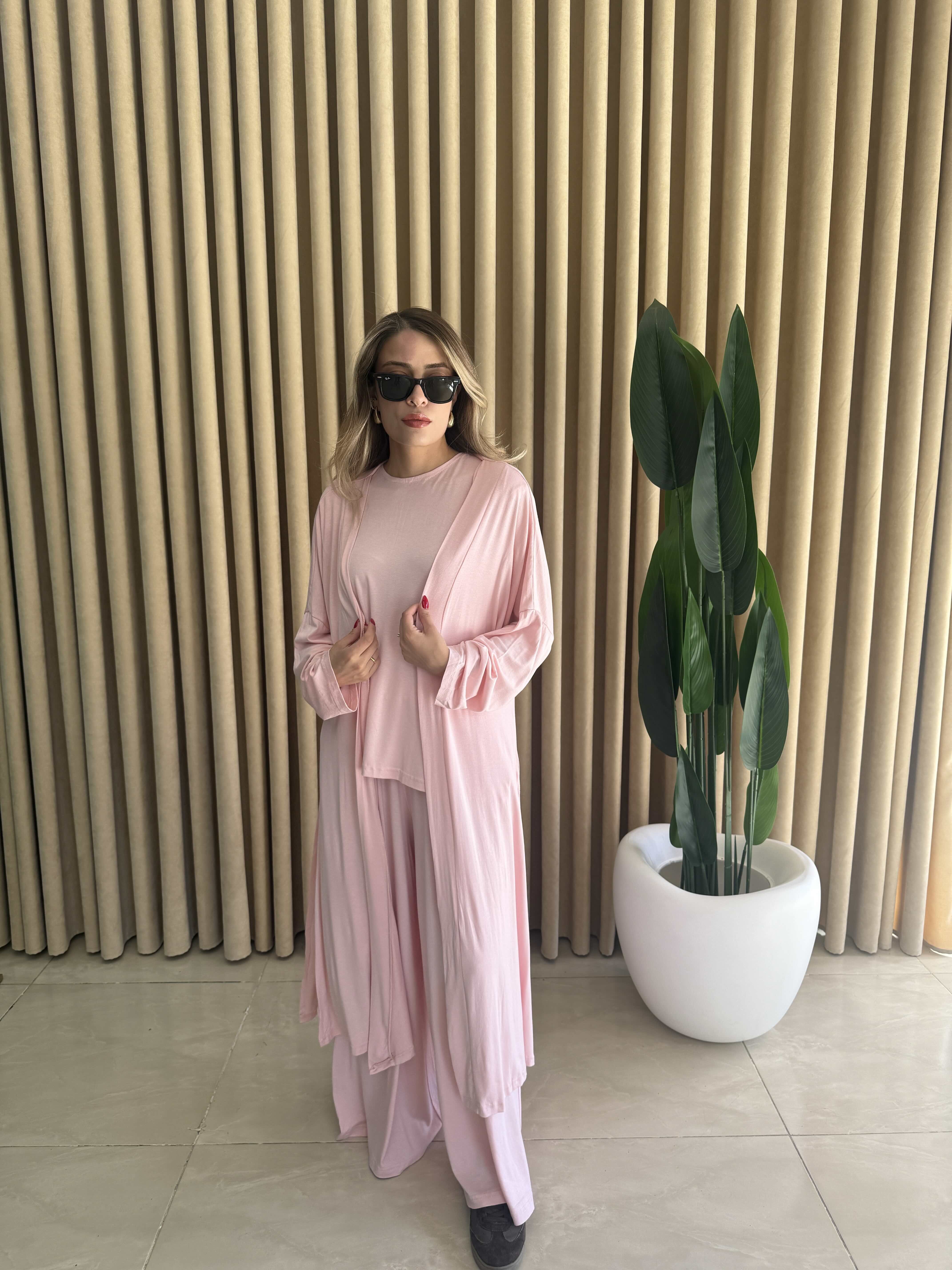 Üçlü Uzun Kimono Takım Pudra - 1138