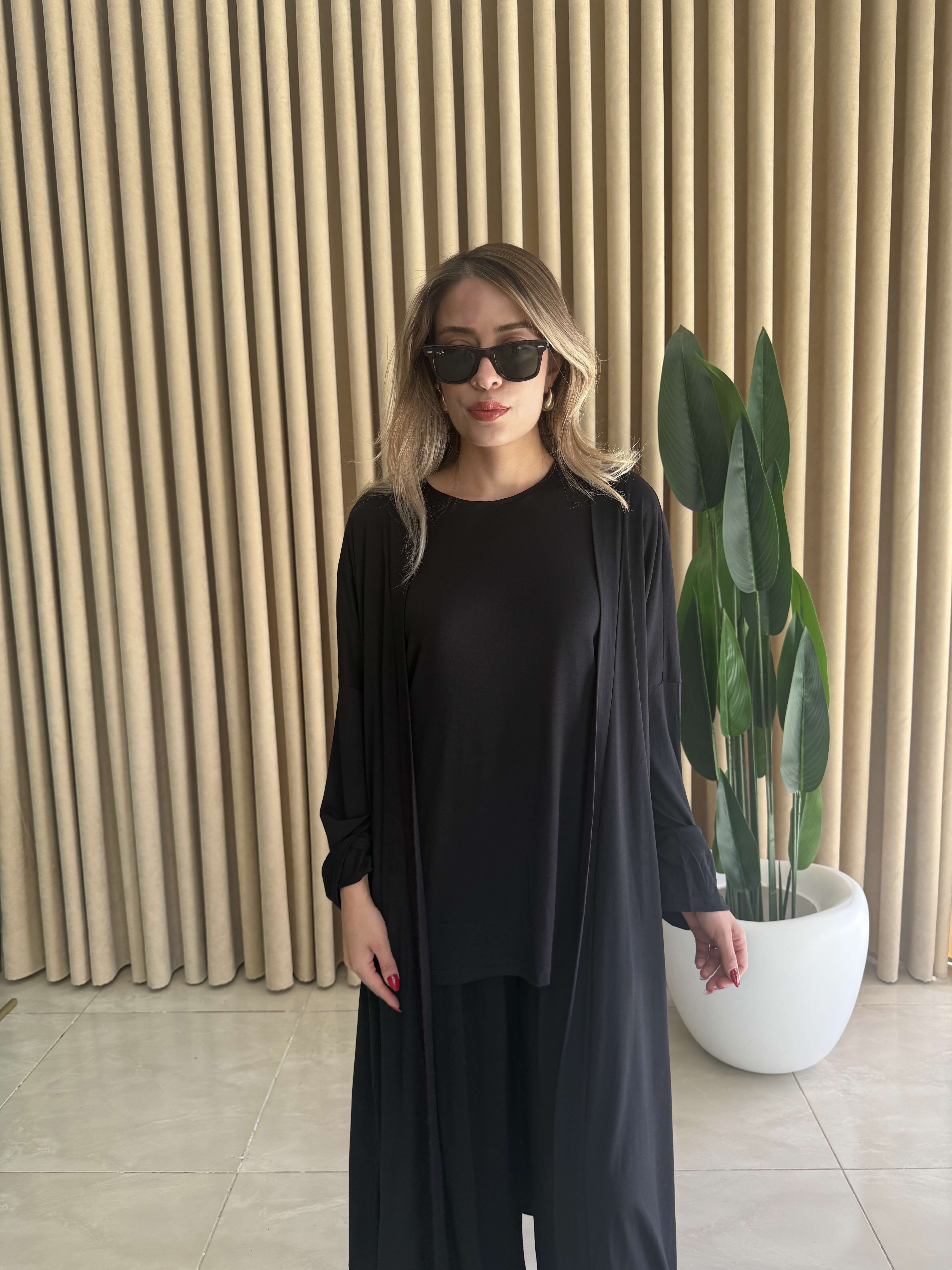 Üçlü Uzun Kimono Takım Siyah - 1138