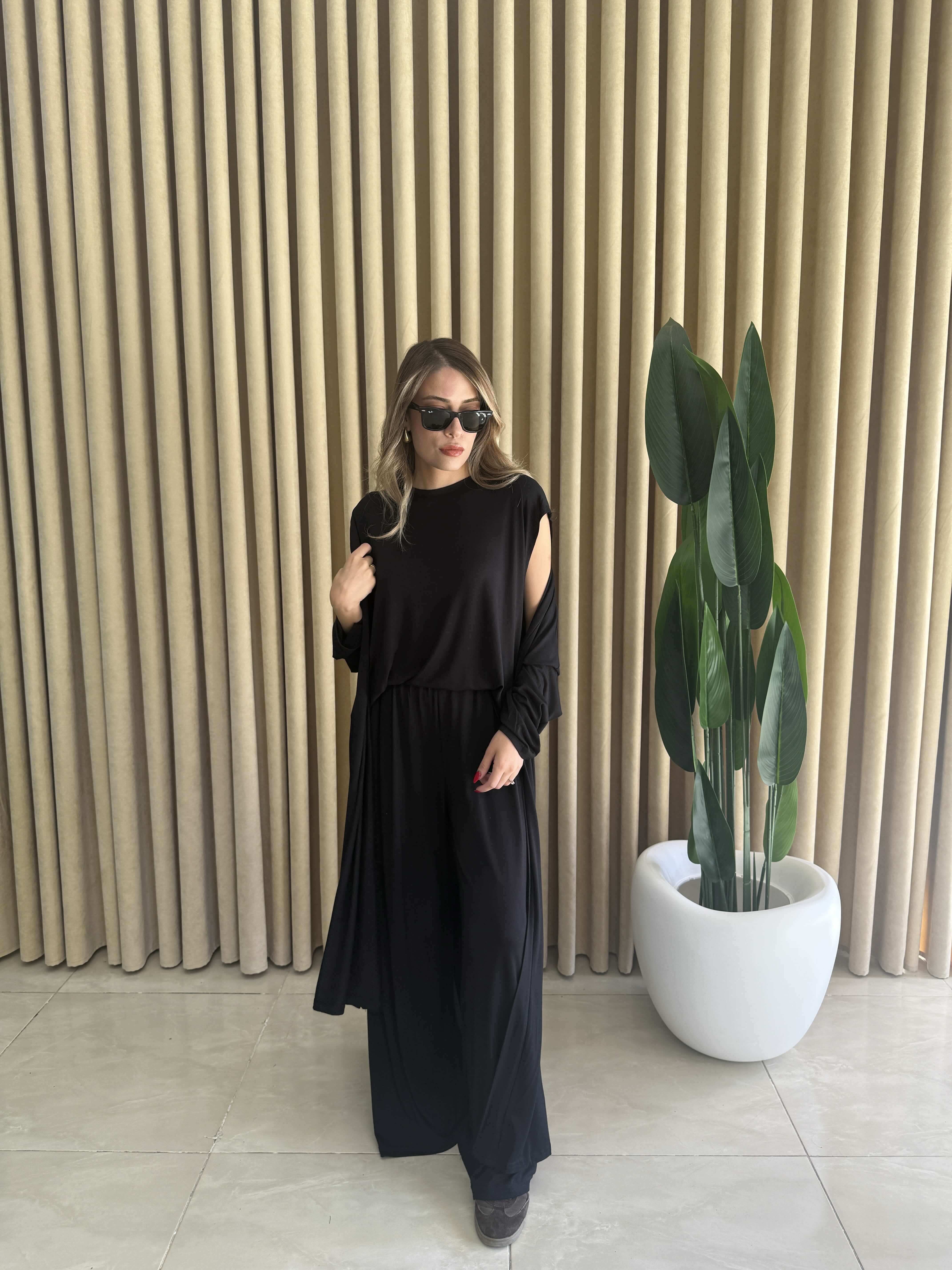Üçlü Uzun Kimono Takım Siyah - 1138