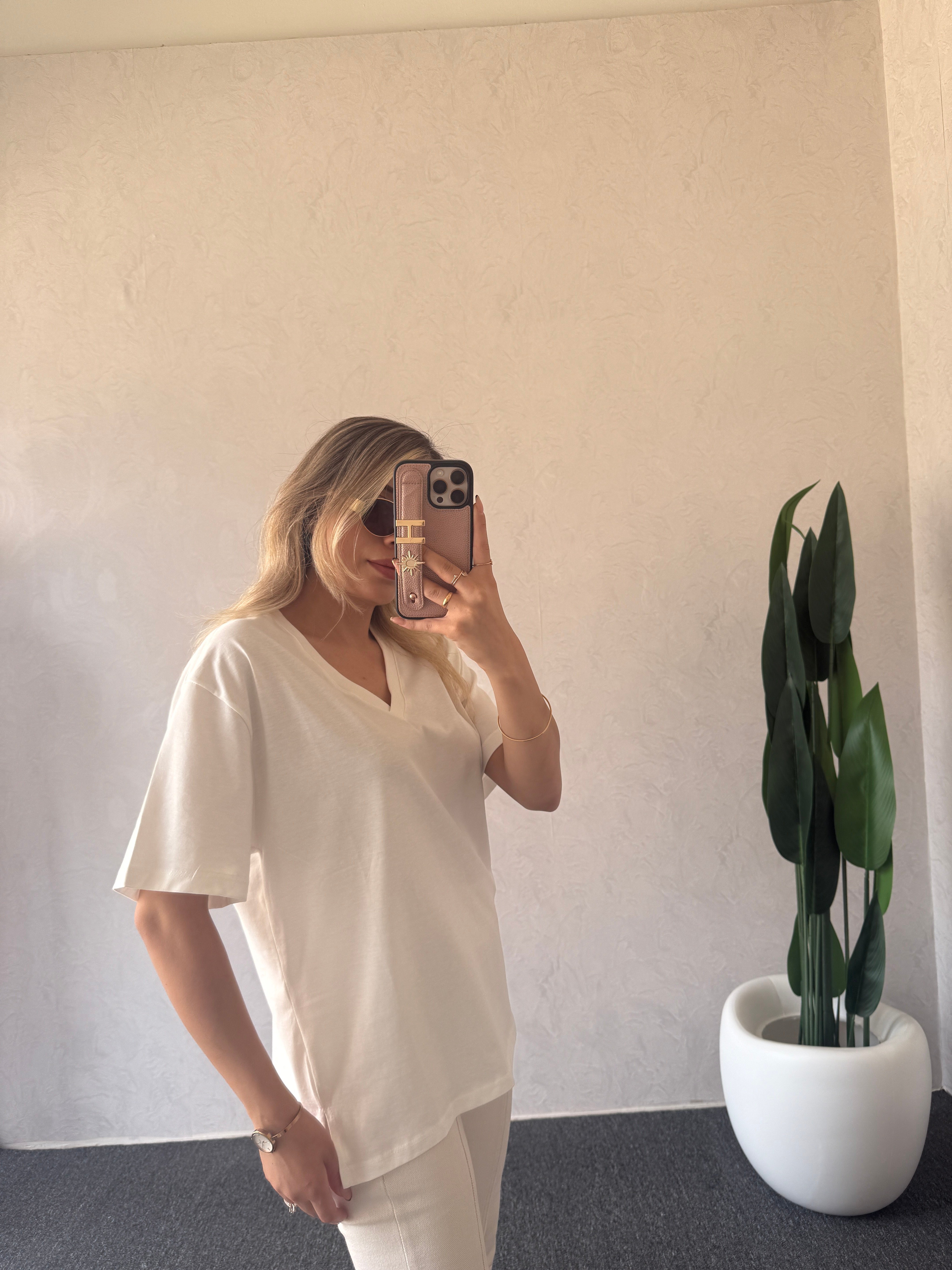 V Yaka Basic Tshirt Beyaz - 1124