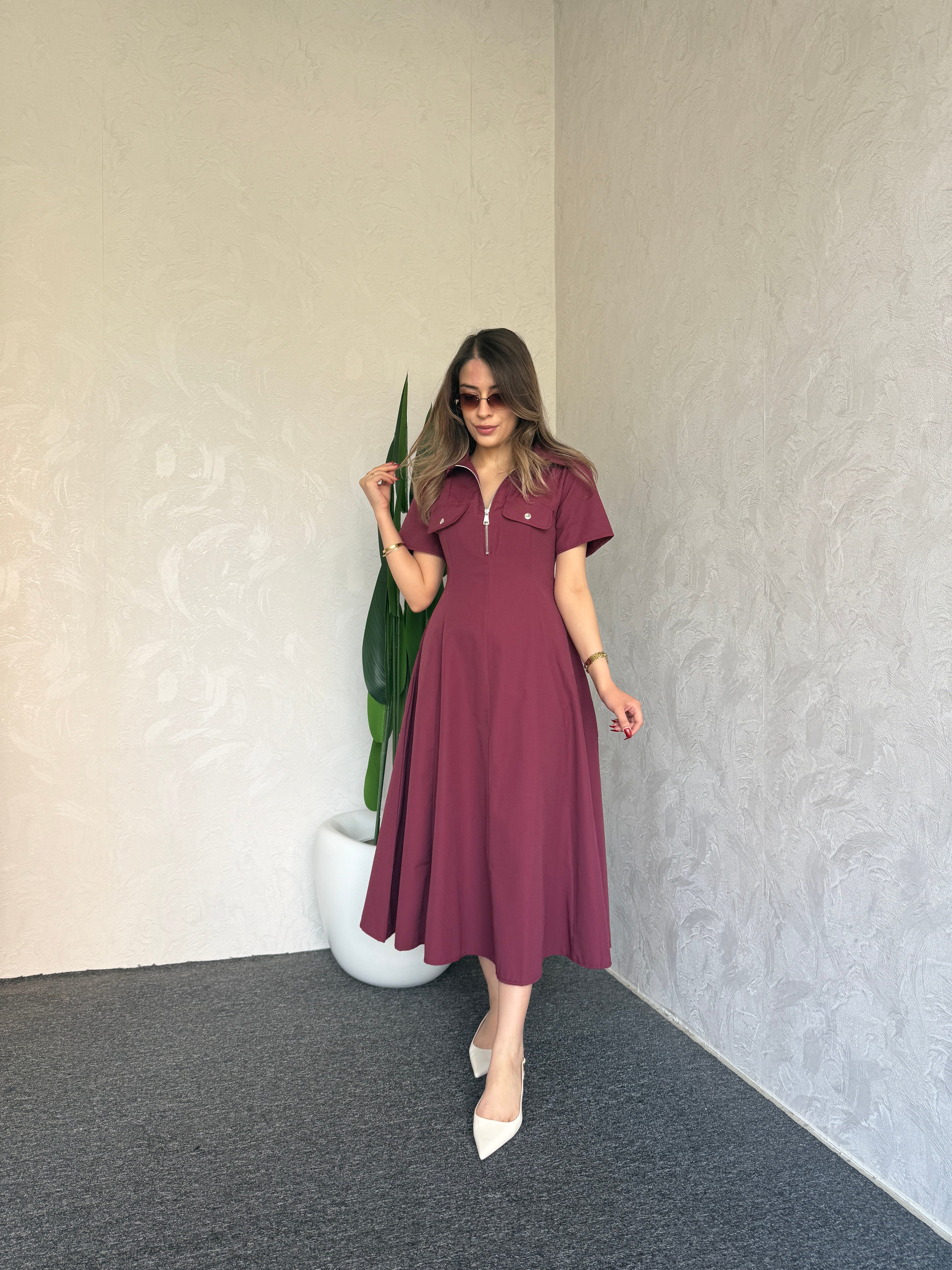 Yaka Fermuar Detay Elbise Bordo - 1116
