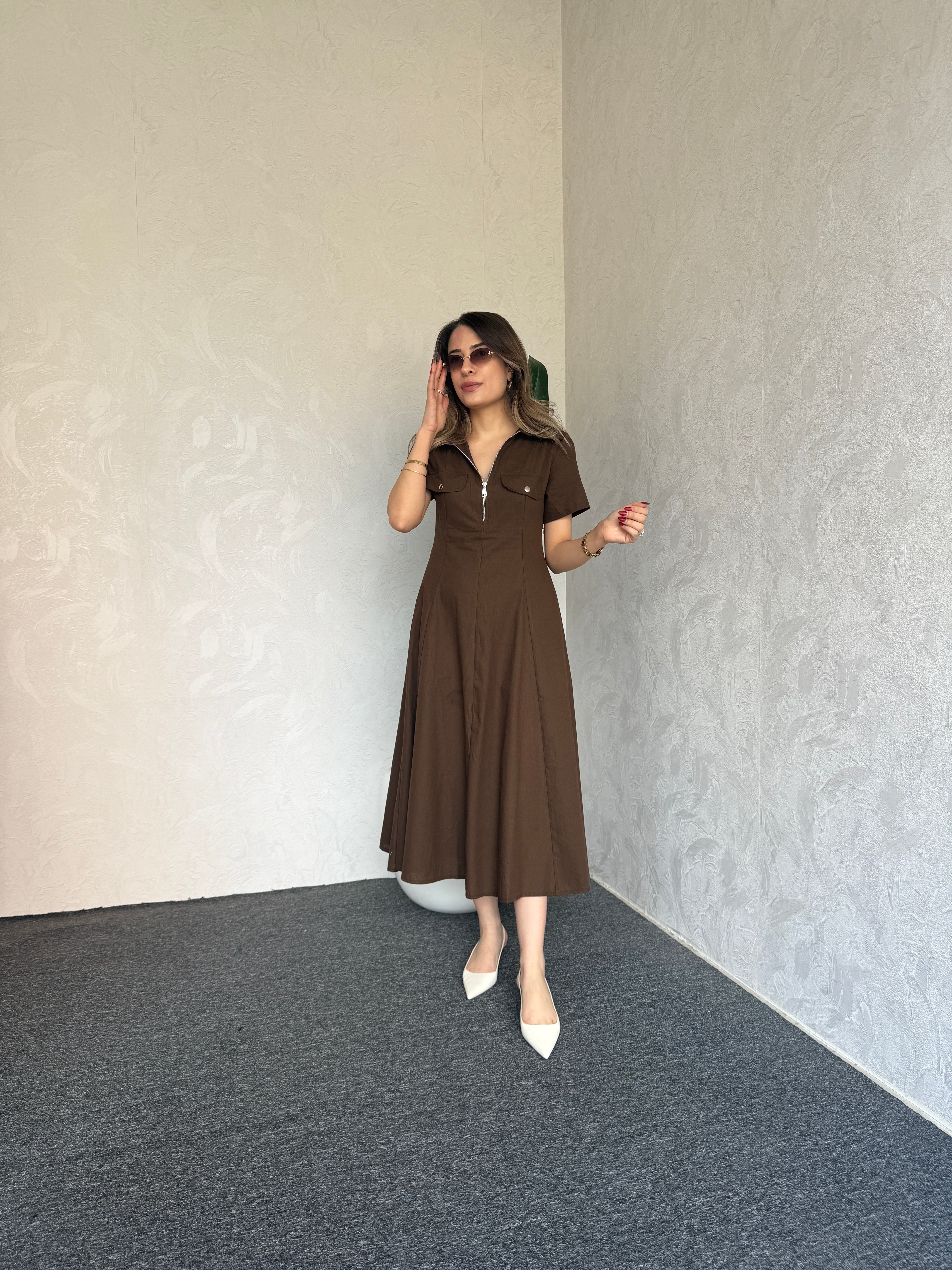 Yaka Fermuar Detay Elbise Kahverengi - 1116